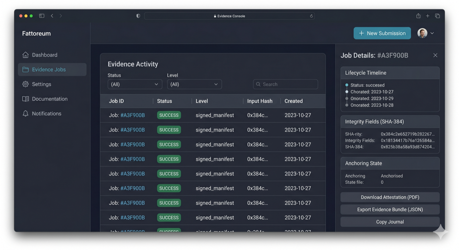 Fattoreum evidence jobs workspace with status badges and job details rail