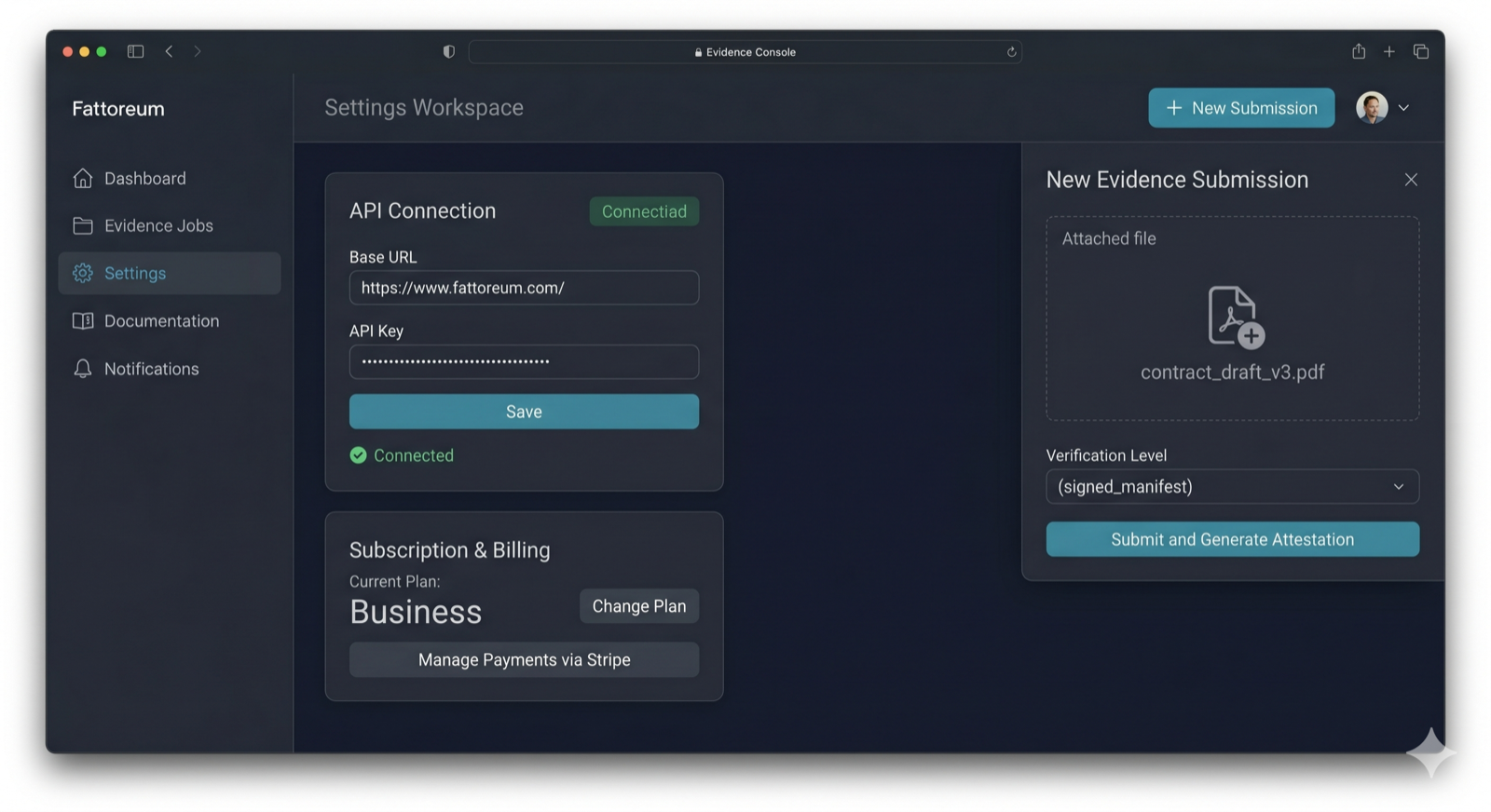 Settings workspace with API connection and new submission drawer